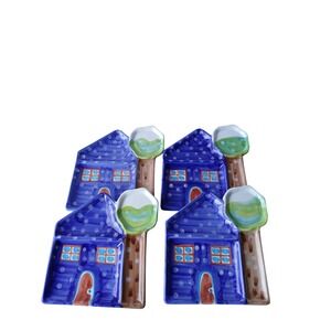 Ciao ItalYa by Bellini Italy Ceramic House Tree Appetizer Plates Set of 4 Blue